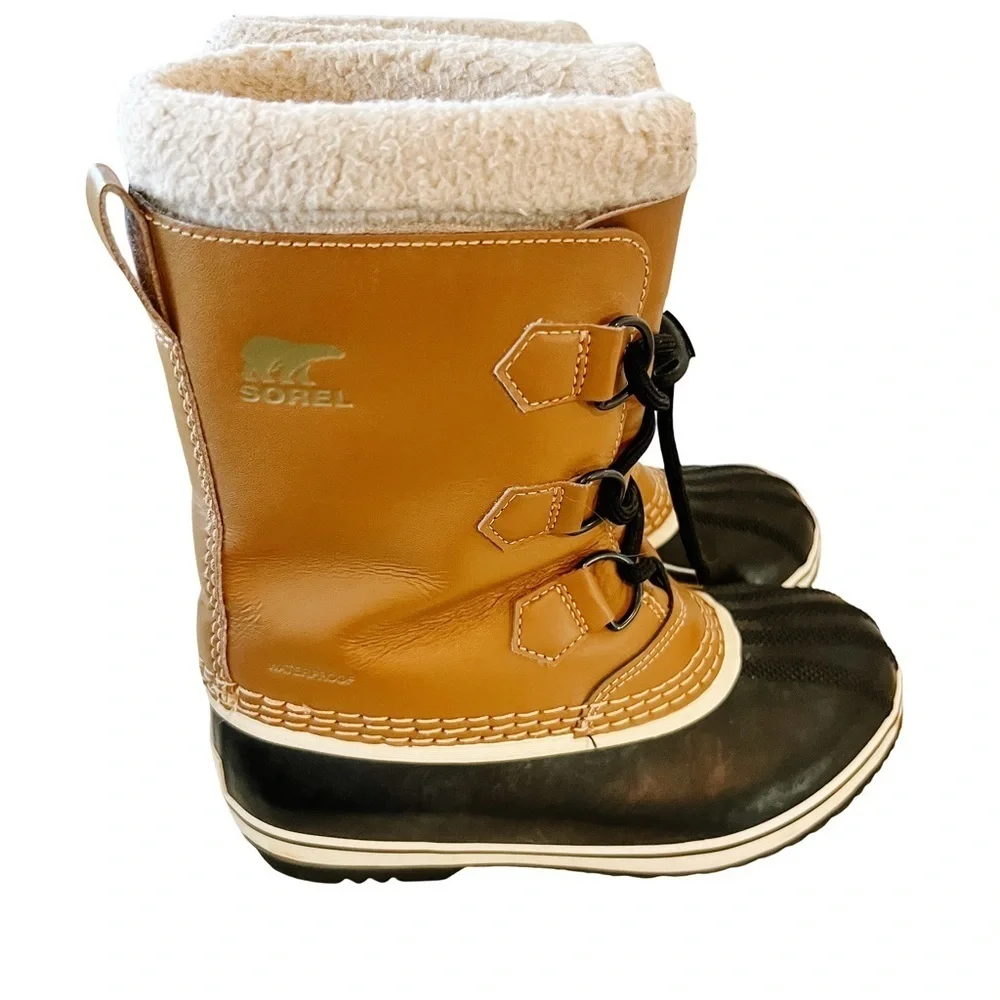 Sorel Kids Insulated Winter Snow Boots Brown Black Sherpa Lace-Up Size 3